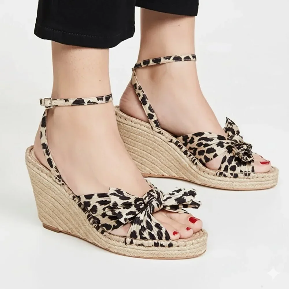 EUC Loeffler Randall Charley Leopard Knotted Bow Wedge Espadrille Sandals 8.5 B